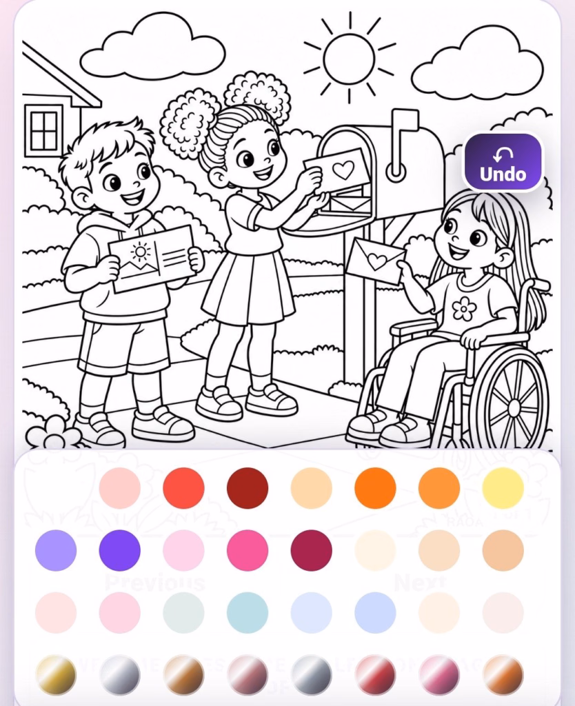 Screenshot of the free RAOAmail digital coloring app showing a kids' coloring page of children mailing letters, including one child in a wheelchair, with an Undo button and color palette